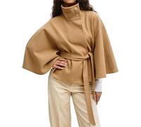 Women Batwing Sleeve Ponchos Pea Coat Wool Bland Stand Collar Jacket Autumn And Winter Fashion Solid Color Cloak Cropped Overcoat(Khaki,XL)