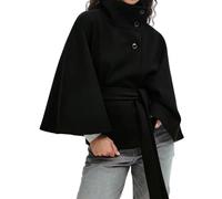 Women Batwing Sleeve Ponchos Pea Coat Wool Bland Stand Collar Jacket Autumn And Winter Fashion Solid Color Cloak Cropped Overcoat(Black,XL)