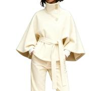 Women Batwing Sleeve Ponchos Pea Coat Wool Bland Stand Collar Jacket Autumn And Winter Fashion Solid Color Cloak Cropped Overcoat(Beige,3XL)