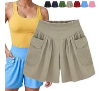 Women Beach Casual Hot Short with Elastic Waistband, Comfy Loose Solid Color High Waisted Shorts with Pockets (Khaki,6XL)