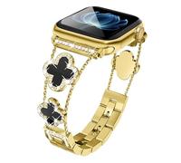 Women Bling Diamond Lucky Clover Watch Band Compatible with iWatch Apple Watch Series SE 10 9 8 7 6 5 4 3 2 1, Sparkle Bracelet Strap Fit 38-40-41-42-42-45-46-49mm Gold/Black