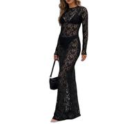 Women Bodycon Lace Maxi Dress Sheer Long Sleeve Pull On Design (Black,M)
