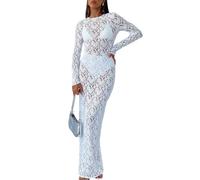 Women Bodycon Lace Maxi Dress Sheer Long Sleeve Pull On Design (White,S)