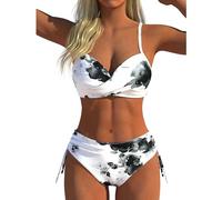 Women Bra Style Two Piece Swimsuit Vintage Geometric Print Bathing Suit V Neck Twist Front Adjustable Strap Summer Beachwear