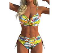 Women Bra Style Two Piece Swimsuit Vintage Geometric Print Bathing Suit V Neck Twist Front Adjustable Strap Summer Beachwear