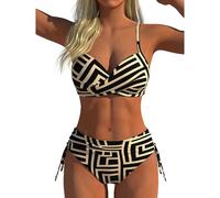 Women Bra Style Two Piece Swimsuit Vintage Geometric Print Bathing Suit V Neck Twist Front Adjustable Strap Summer Beachwear
