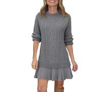 Women Cable Knit Sweater Dress, Crewneck Long Sleeve Cableknit Sweater Dresss Twofer Style Patchwork Dress (Gray,L)
