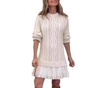 Women Cable Knit Sweater Dress, Crewneck Long Sleeve Cableknit Sweater Dresss Twofer Style Patchwork Dress (Apricot,S)