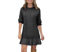 Women Cable Knit Sweater Dress, Crewneck Long Sleeve Cableknit Sweater Dresss Twofer Style Patchwork Dress (Black,M)