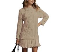 Women Cable Knit Sweater Dress rewneck Patchwork Pleated Dresses Long Sleeve Mini Dress (3,XL)