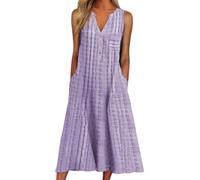 Women Casual Dress Summer Stripe Button V Neck Sleeveless with Pocket Long Dresses Holiday Beach Dress (M,Violet)
