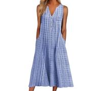 Women Casual Dress Summer Stripe Button V Neck Sleeveless with Pocket Long Dresses Holiday Beach Dress (M,Blue)