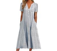 Women Casual Dress Summer Stripe Button V Neck Sleeveless with Pocket Long Dresses Holiday Beach Dress (L,Grey)