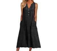 Women Casual Dress Summer Stripe Button V Neck Sleeveless with Pocket Long Dresses Holiday Beach Dress (XXL,Black)