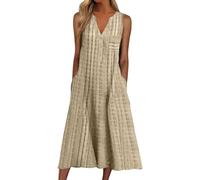 Women Casual Dress Summer Stripe Button V Neck Sleeveless with Pocket Long Dresses Holiday Beach Dress (L,Khaki)