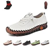 Women Casual Slip on Flat Loafers,Non-Slip Beef Tendon Orthotic WalkShoe,Leather Trainers Womens,Comfy Breathable(White,38 EU)