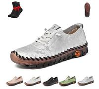 Women Casual Slip on Flat Loafers,Non-Slip Beef Tendon Orthotic WalkShoe,Leather Trainers Womens,Comfy Breathable(Grey,36 EU)