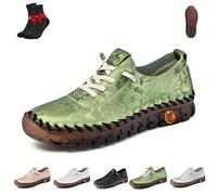 Women Casual Slip on Flat Loafers,Non-Slip Beef Tendon Orthotic WalkShoe,Leather Trainers Womens,Comfy Breathable(Green,42 EU)