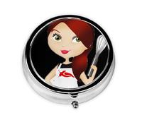 Women Chef. Este pequeño pastillero redondo impreso es un organizador portátil de pastillas y vitaminas, perfecto para bolsillos, bolsos y viajes.