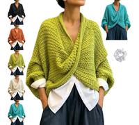Women Chunky Knit Crossover Wrap Pullover, Batwing Sleeve V-Neck Poncho Top | our cable knit sweater women comes with a trendy deep v neck and special twisted front soft & cozy chunky sweater