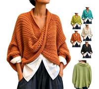 Women Chunky Knit Crossover Wrap Pullover Batwing Sleeve V-Neck Top | Women Oversized Crossover Wrap Pullover Sweater,Boho 3/4 Sleeve Deep V Neck Loose Fit Knit Top,for Autumn Winter Daily Outfit