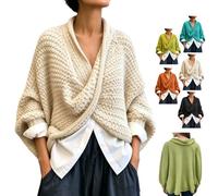 Women Chunky Knit Crossover Wrap Pullover Batwing Sleeve V-Neck Top | Women Oversized Crossover Wrap Pullover Sweater,Boho 3/4 Sleeve Deep V Neck Loose Fit Knit Top,for Autumn Winter Daily Outfit