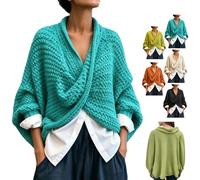 Women Chunky Knit Crossover Wrap Pullover Batwing Sleeve V-Neck Top | Women Oversized Crossover Wrap Pullover Sweater,Boho 3/4 Sleeve Deep V Neck Loose Fit Knit Top,for Autumn Winter Daily Outfit