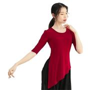 Women Classical Dance Latin Solid Color Modern Exercise Clothe Tops Practice Wear Ballroom Clothes Elegant Competition Top(Red Mid-Sleeve,XXXL)