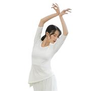 Women Classical Dance Latin Solid Color Modern Exercise Clothe Tops Practice Wear Ballroom Clothes Elegant Competition Top(White Mid-Sleeve,M)