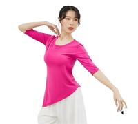 Women Classical Dance Latin Solid Color Modern Exercise Clothe Tops Practice Wear Ballroom Clothes Elegant Competition Top(Rose Red Mid-Sleeve,L)