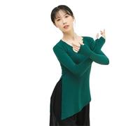 Women Classical Dance Latin Solid Color Modern Exercise Clothe Tops Practice Wear Ballroom Clothes Elegant Competition Top(Green Long Sleeve,4XL)