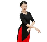 Women Classical Dance Latin Solid Color Modern Exercise Clothe Tops Practice Wear Ballroom Clothes Elegant Competition Top(Black Mid-Sleeve,XL)