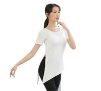 Women Classical Dance Latin Solid Color Modern Exercise Clothe Tops Practice Wear Ballroom Clothes Elegant Competition Top(White Short Sleeve,L)