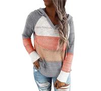 Women Color Block Hooded Crochet Striped Sweaters, Lightweight Drawstring Hoodies Pullover, Autumn Color Block Knit