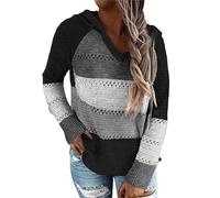 Women Color Block Hooded Crochet Striped Sweaters, Lightweight Drawstring Hoodies Pullover, Autumn Color Block Knit