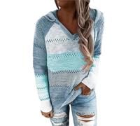 Women Color Block Hooded Crochet Striped Sweaters, Lightweight Drawstring Hoodies Pullover, Autumn Color Block Knit