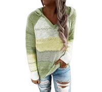 Women Color Block Hooded Crochet Striped Sweaters, Lightweight Drawstring Hoodies Pullover, Autumn Color Block Knit