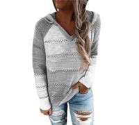 Women Color Block Hooded Crochet Striped Sweaters, Lightweight Drawstring Hoodies Pullover, Autumn Color Block Knit