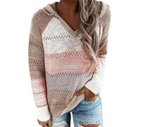Women Color Block Hooded Crochet Striped Sweaters, Lightweight Drawstring Hoodies Pullover, Autumn Color Block Knit