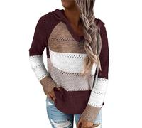 Women Color Block Hooded Crochet Striped Sweaters, Lightweight Drawstring Hoodies Pullover, Autumn Color Block Knit