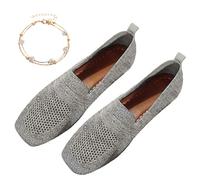 Women Comfortable Arch Support Non-Slip Flat Shoes, Plus Size Womens Lightweight Breathable Knit Square Toe Flats, Ladies Comfort Slip Ons Orthopaedic Walking Shoes (39,Gray)