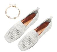 Women Comfortable Arch Support Non-Slip Flat Shoes, Plus Size Womens Lightweight Breathable Knit Square Toe Flats, Ladies Comfort Slip Ons Orthopaedic Walking Shoes (42,White)