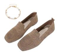 Women Comfortable Arch Support Non-Slip Flat Shoes, Plus Size Womens Lightweight Breathable Knit Square Toe Flats, Ladies Comfort Slip Ons Orthopaedic Walking Shoes (37,Khaki)