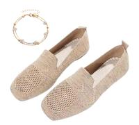 Women Comfortable Arch Support Non-Slip Flat Shoes, Plus Size Womens Lightweight Breathable Knit Square Toe Flats, Ladies Comfort Slip Ons Orthopaedic Walking Shoes (43,Beige)