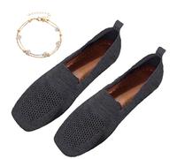 Women Comfortable Arch Support Non-Slip Flat Shoes, Plus Size Womens Lightweight Breathable Knit Square Toe Flats, Ladies Comfort Slip Ons Orthopaedic Walking Shoes (42,Black)