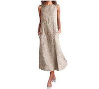 Women Cotton Linen Dresses Casual Neck Dress Striped Long Print Pocket Sleeveless Dress Vintage Loose Fit Sundress Clothes