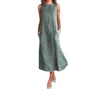 Women Cotton Linen Dresses Casual Neck Dress Striped Long Print Pocket Sleeveless Dress Vintage Loose Fit Sundress Clothes