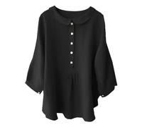 Women Cotton Linen Shirts Crewneck 3/4 Sleeve Button Down Tops Summer Solid Color Casual Loose Fit Blouse Business Work Going out Shirts C-13