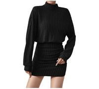 Women' Crew Neck Knitted Dress, Pullover, Long Sleeve, Turtleneck, Cute Rib Knit, Bodycon Mini Short, 2026 Autumn(Gray,S)