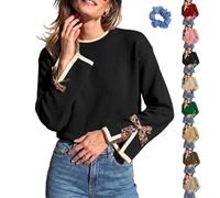 Women Crew Neck Sweater Bow Leopard Long Sleeve Split Cuff Knit Tops | Leopard Bow Decor Split Cuff Contrast Sweater,soft fabric and a loose comfortable fit,Versatile Daily and Office Wear